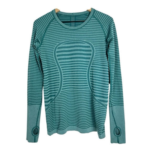 Lululemon Sz 10 Swiftly Tech Long Sleeve Crew Teal Stripe Thumb Hole - Picture 2 of 8